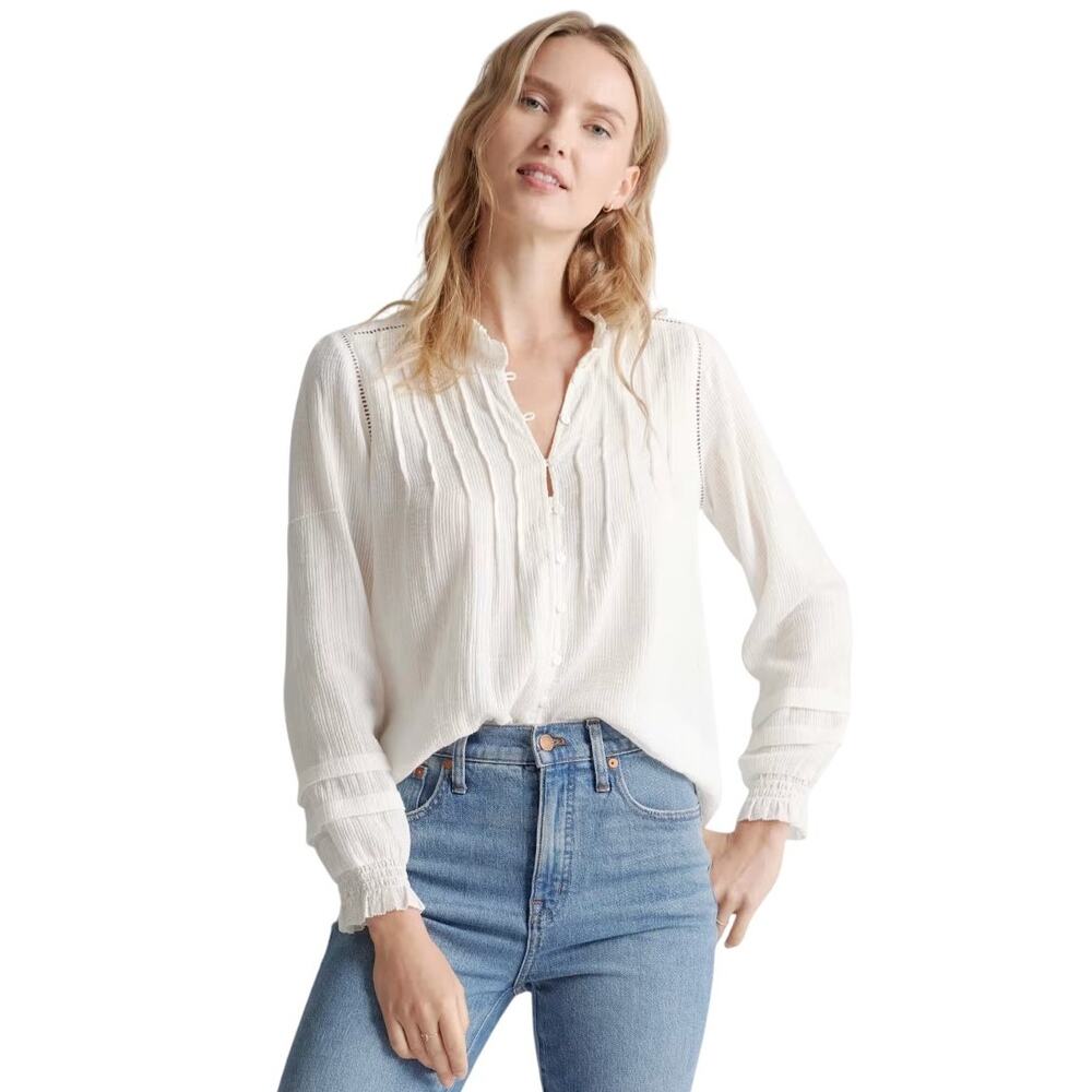 Quince White Organic Textured Cotton Eyelet Lace Peasant Blouse